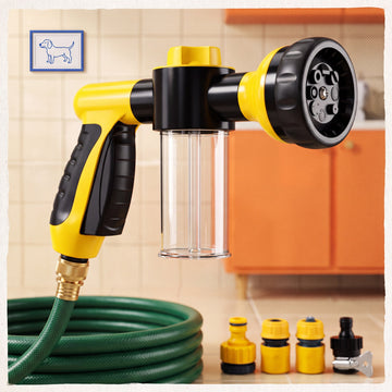 The Reset Jet 8-in-1 foam-wash hose gun — premium hero packshot, transparent soap reservoir and multi-pattern spray head
