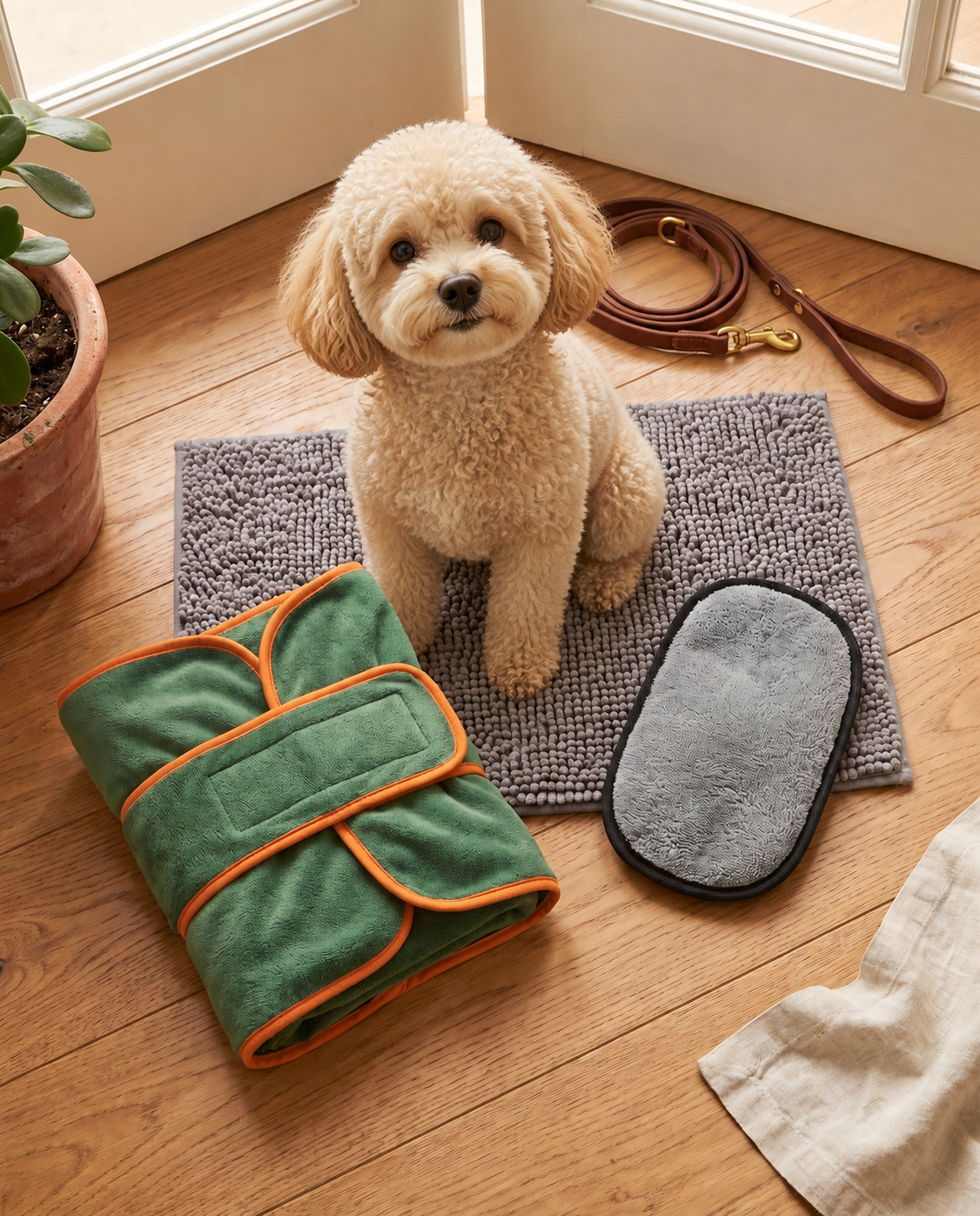 Cream curly dog sitting between the Pawdelou Reset Mat, green Reset Robe and grey Petting Glove