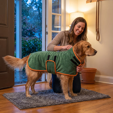 Dog wearing the forest green Reset Robe with orange piping