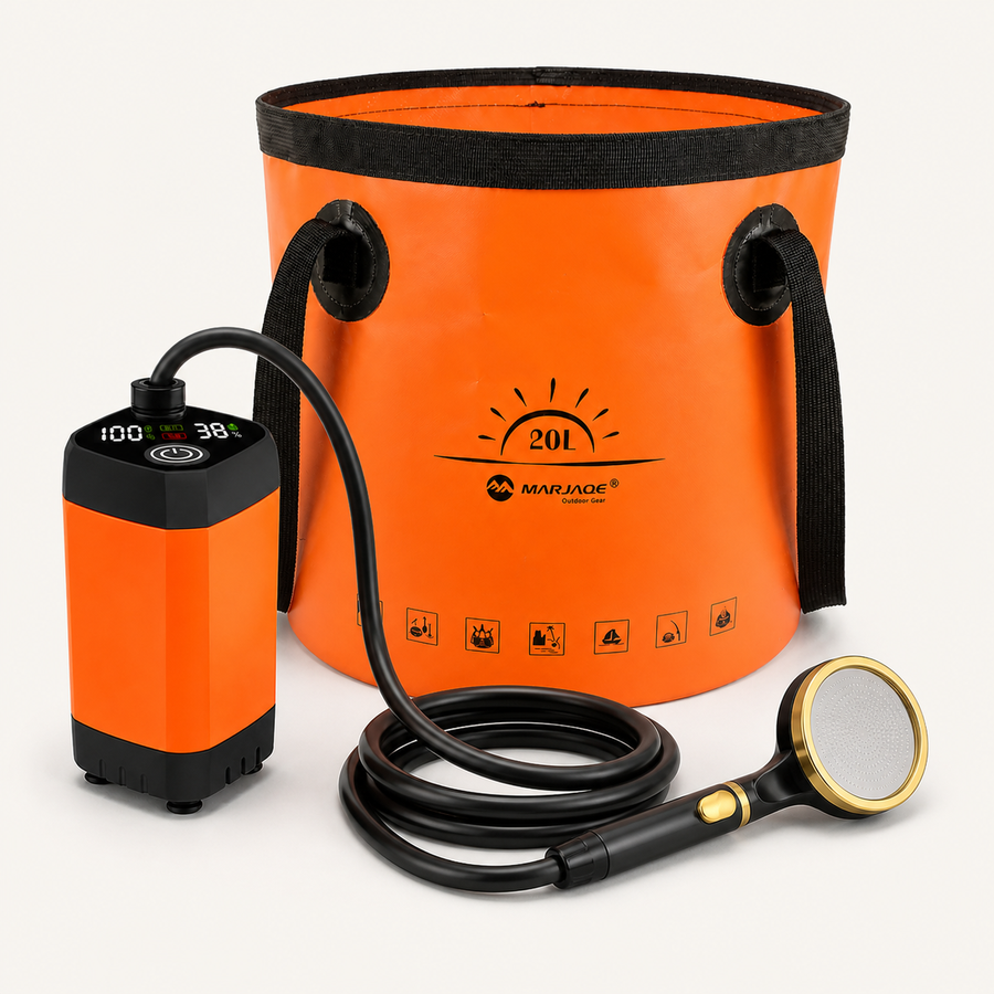 Trail Rinse System with orange portable shower and orange 20 litre reservoir