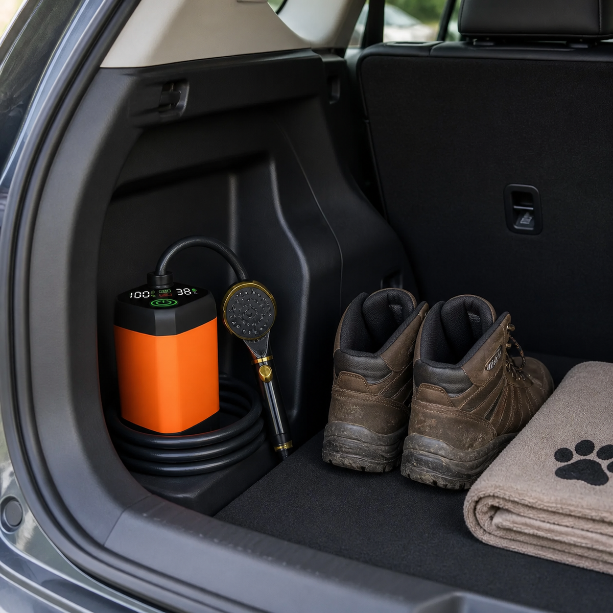Orange Trail Rinse stored in a vehicle cargo area beside hiking boots