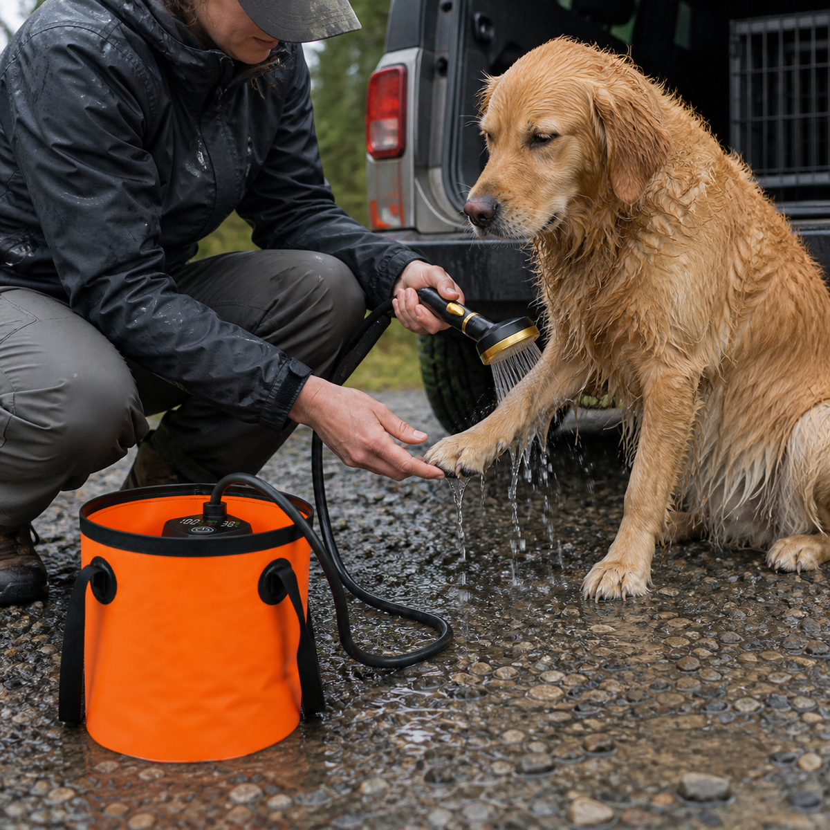 Trail Rinse System rinsing a muddy dog's paw beside a vehicle