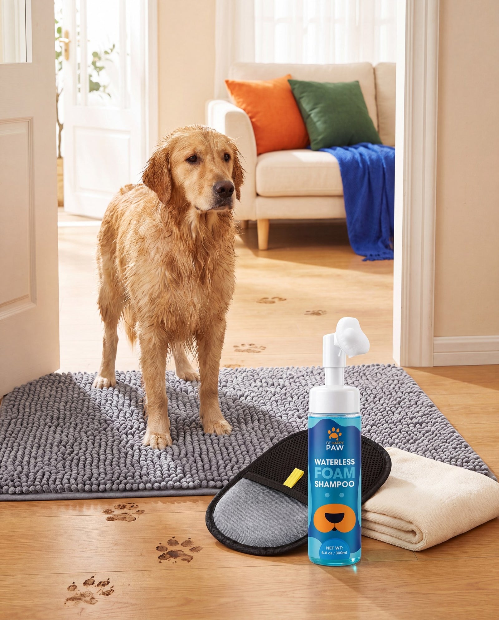 The Reset Mat in a retro entryway, wet dog standing on it, muddy paw prints stopping at the mat