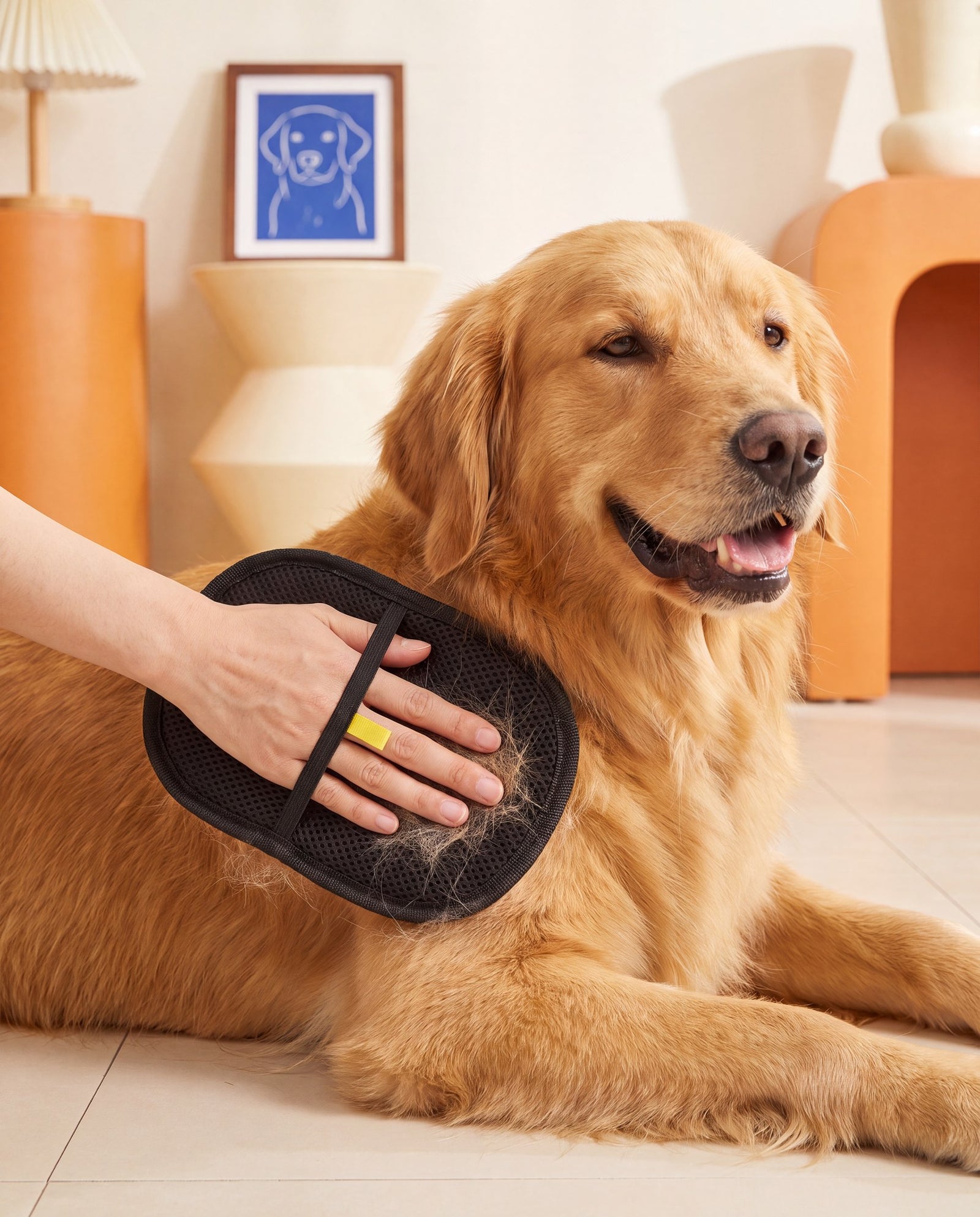The Petting Glove in use — gloved hand grooming a happy golden retriever, lifting loose fur