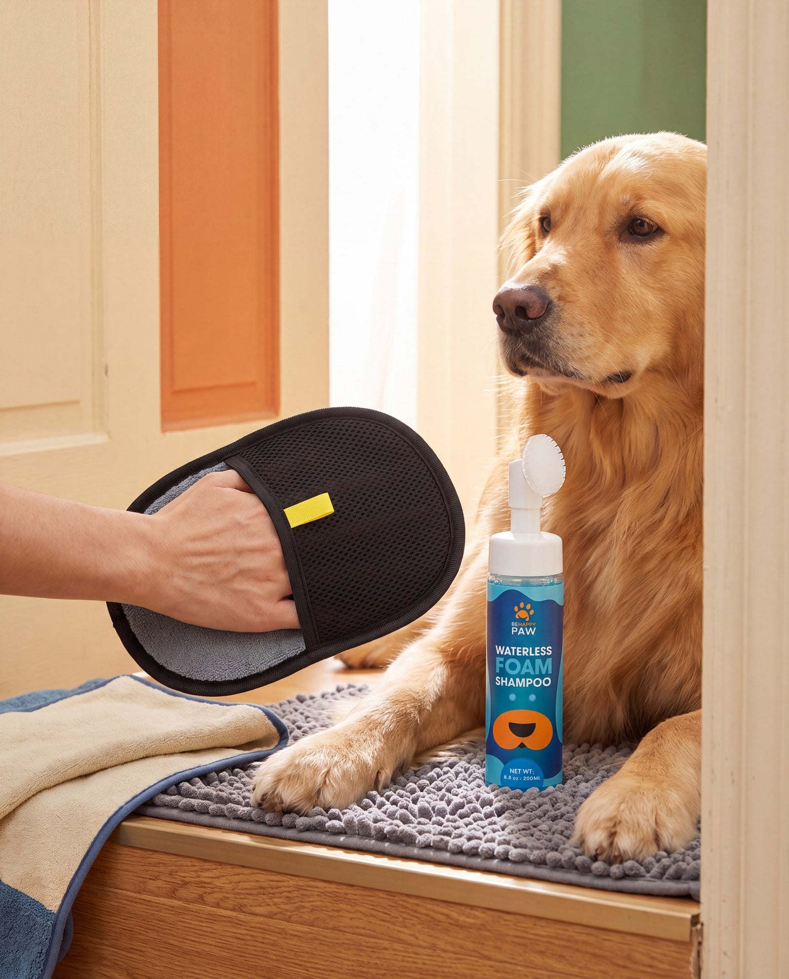 Owner wiping a dog's leg with the grooming mitt, No-Rinse Paw Foam bottle prominent beside the action