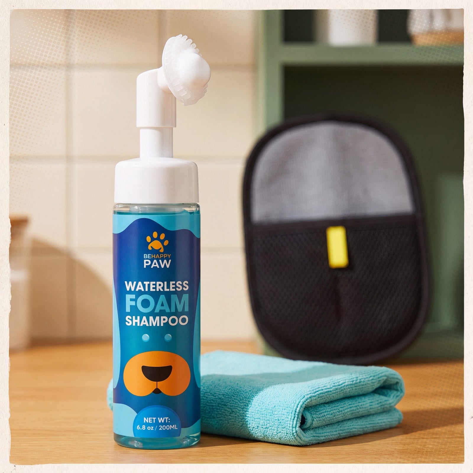 No-Rinse Paw Foam bottle — premium beauty hero with white silicone-brush pump