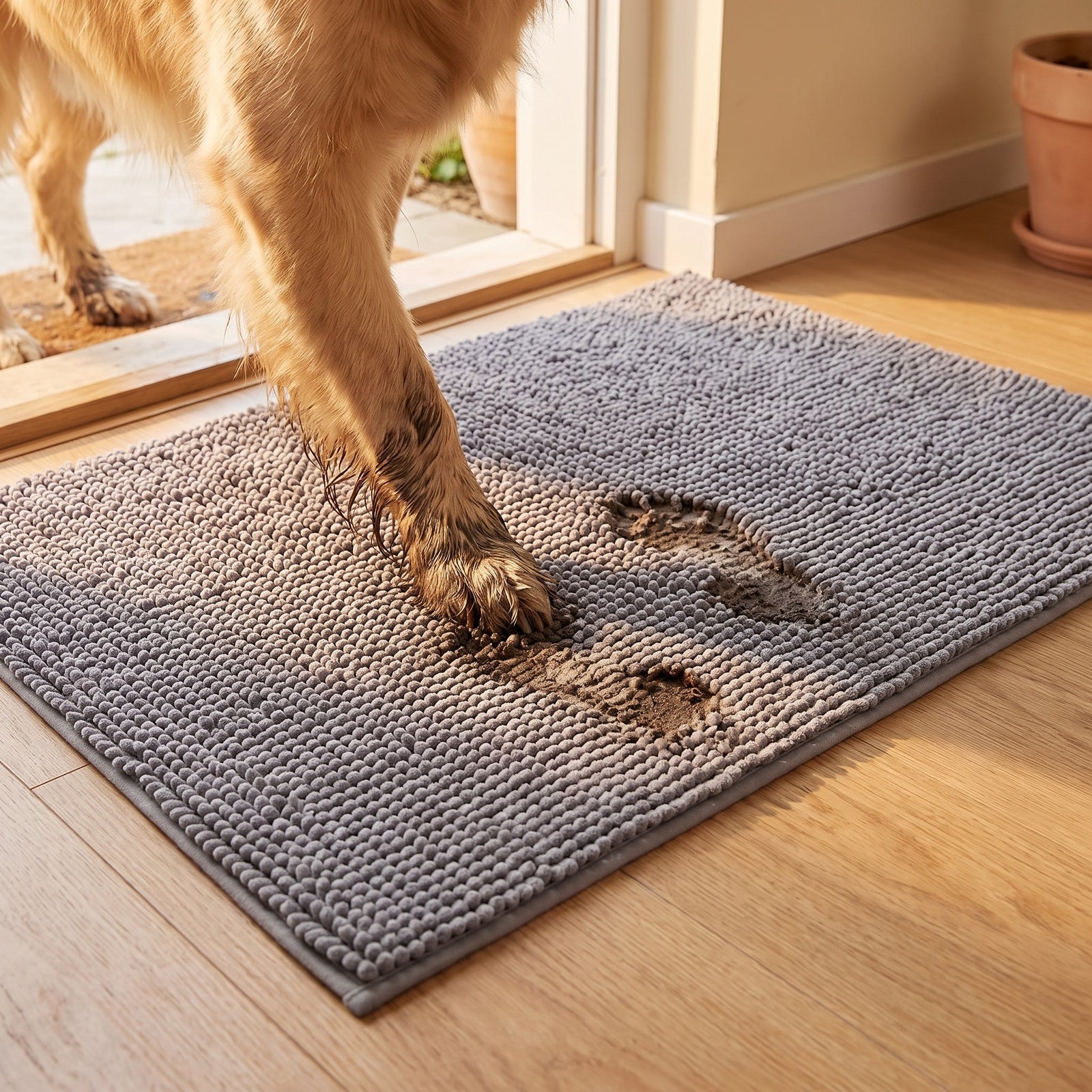 Dog stepping onto the grey chenille Reset Mat at the door