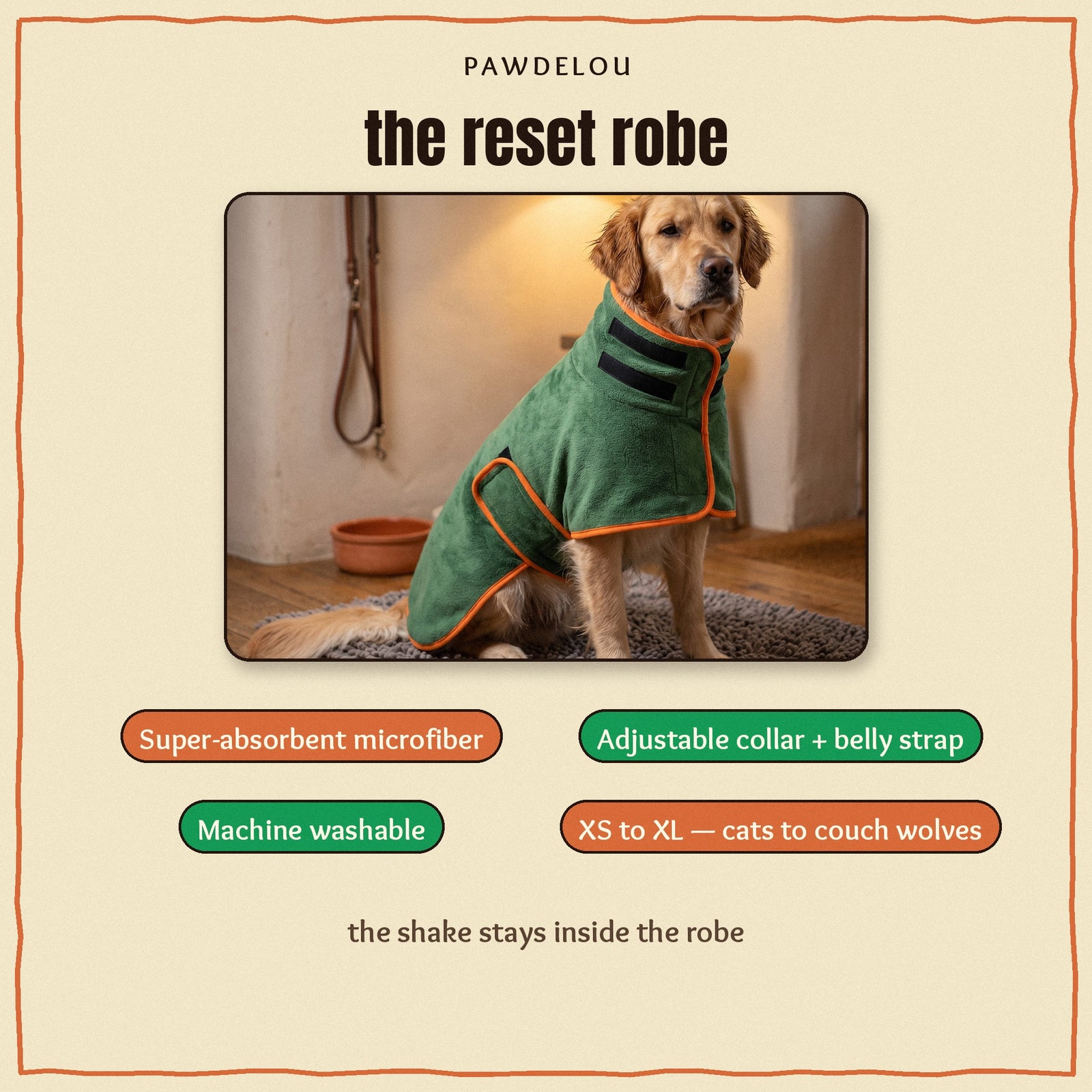 The Reset Robe — benefits: super-absorbent microfiber, adjustable straps, machine washable, XS–XL