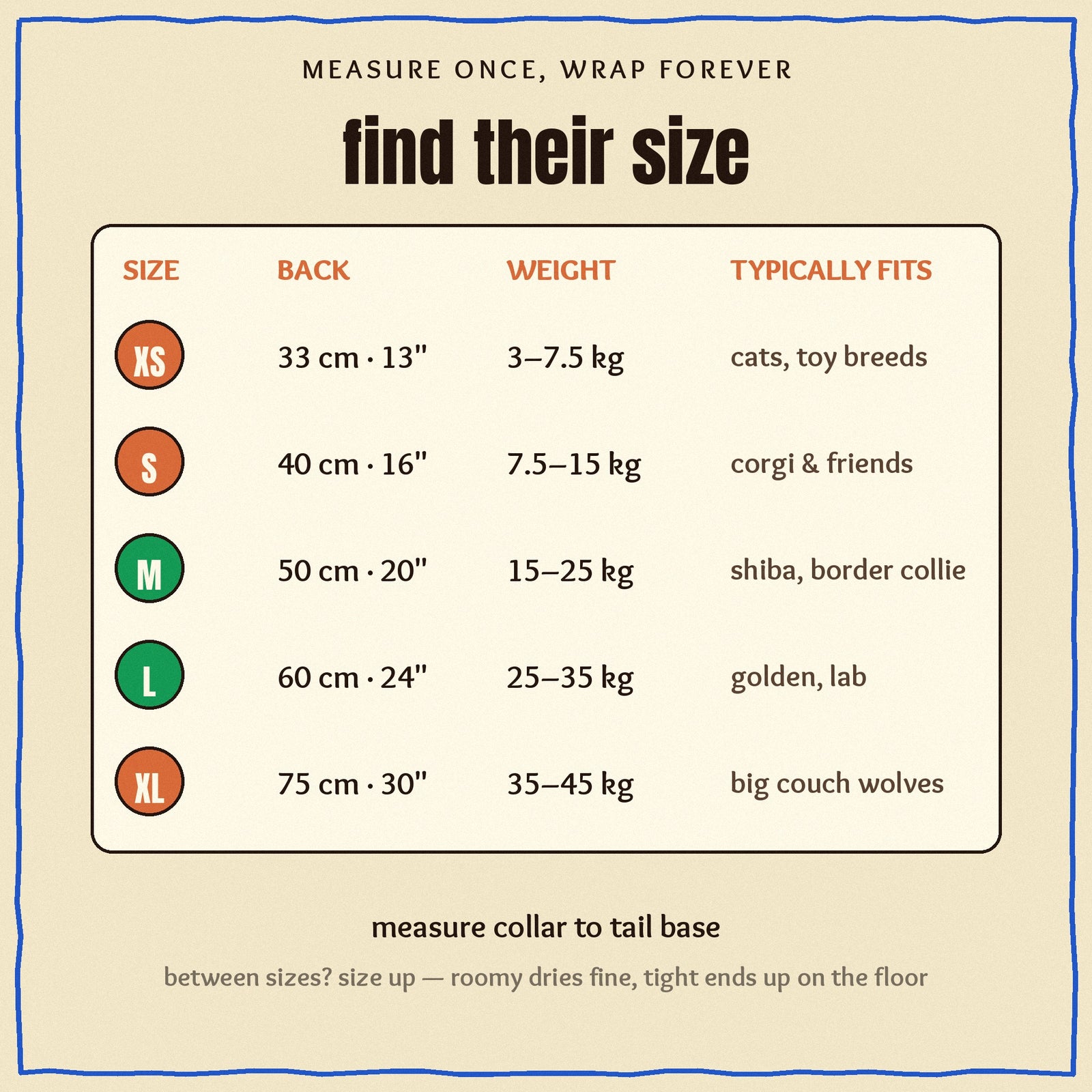 Reset Robe size chart — XS to XL by back length and weight