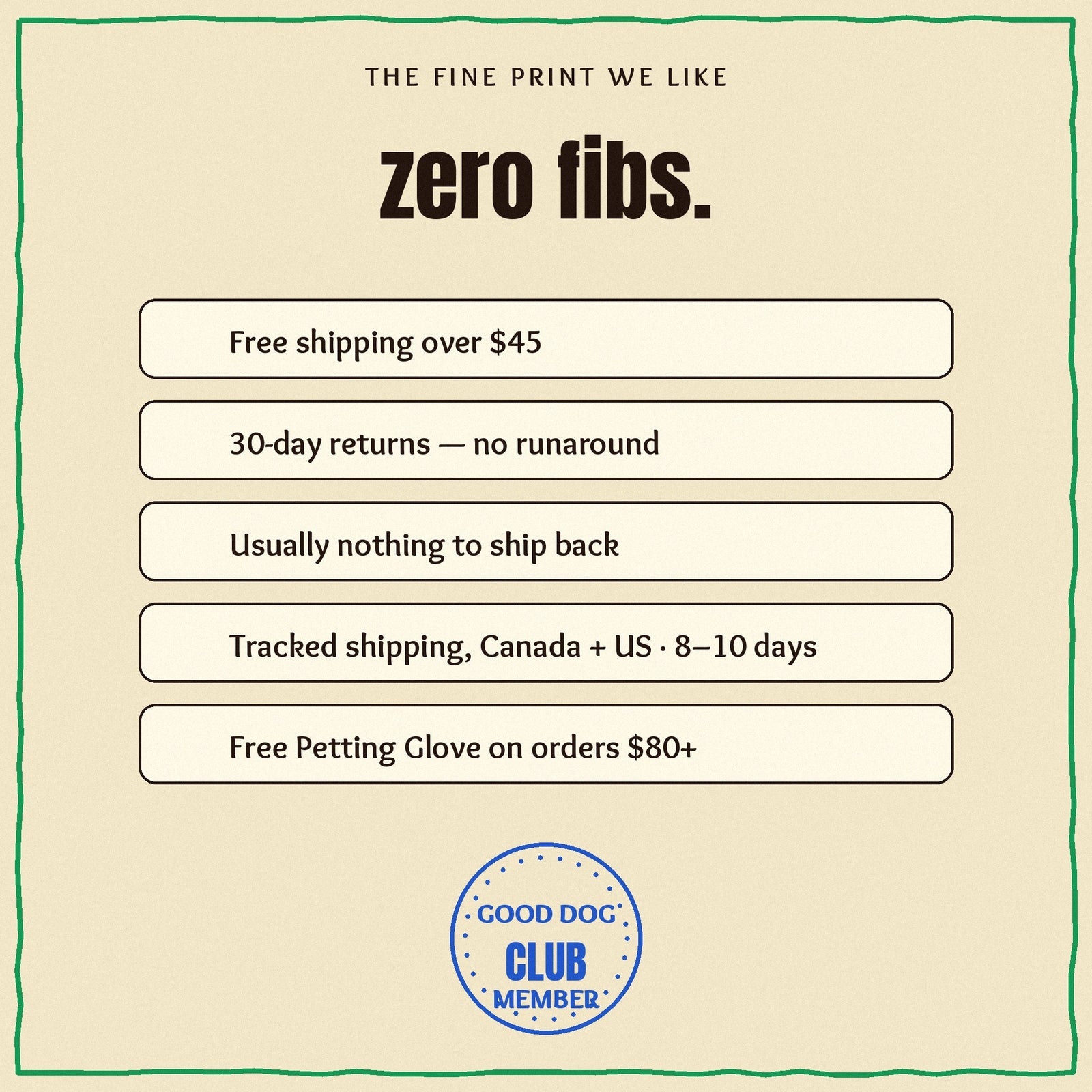 Pawdelou promises — zero fibs: free shipping over $45, 30-day returns no runaround, usually nothing to ship back